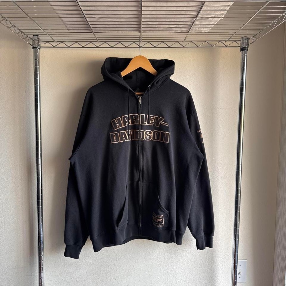 Vintage Harley Davidson Black Orange Zip Up Hoodie Embroidered Biker Jacket